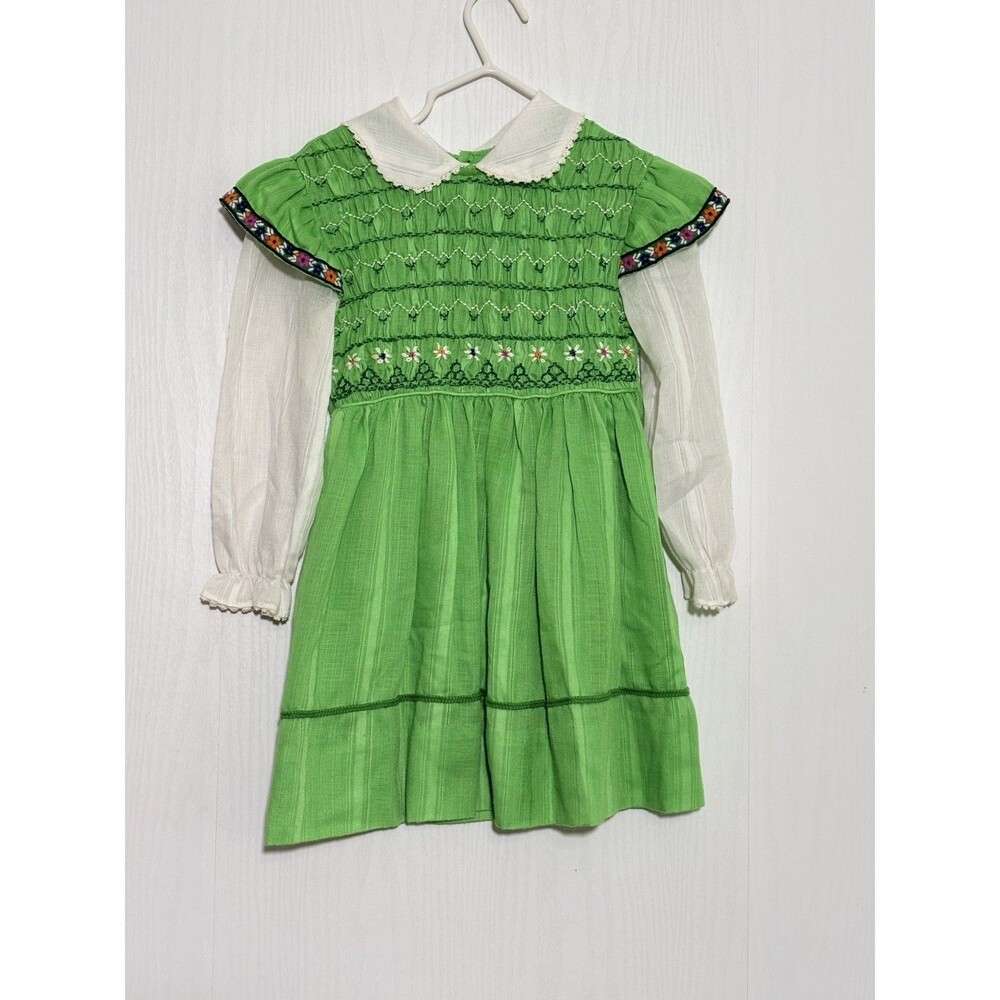 POLLY FLINDERS HAND SMOCKED DRESS Girls 5 Green Floral Peter Collar Long Sleeve